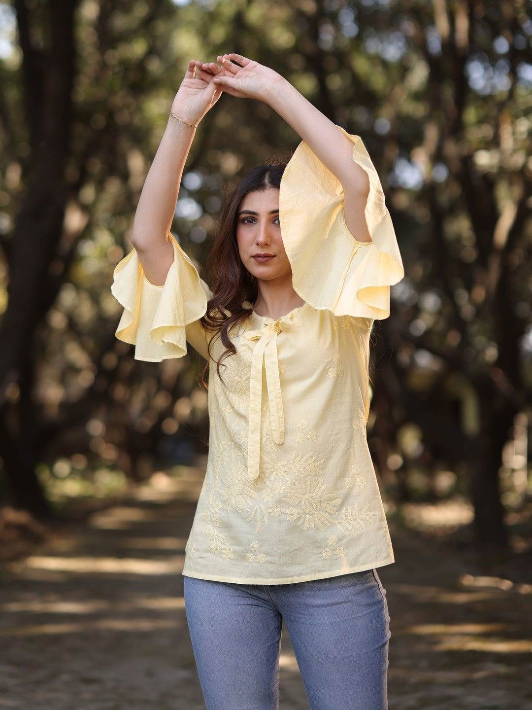 IQRA Chikankari Cotton Bell Sleeves Top - KRI CHIKANKARI